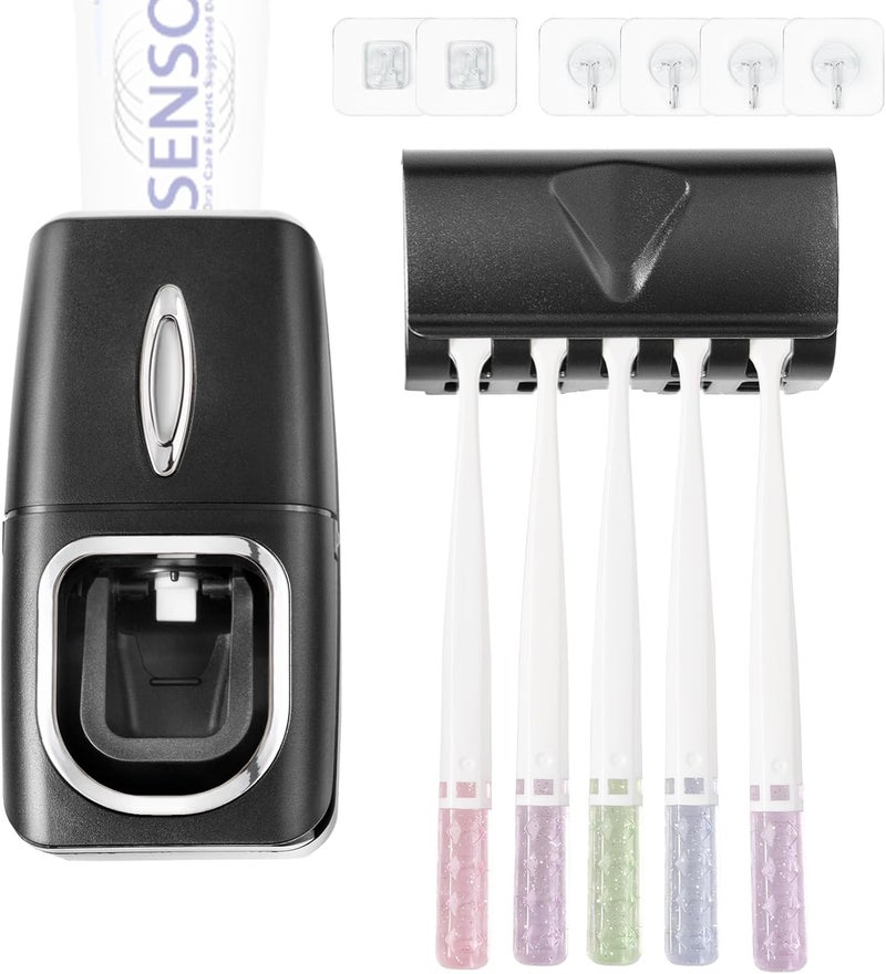 RIDGEPOLE Toothbrush Holder and Toothpaste Dispenser Set, Automatic Toothpaste Squeezer Dispenser, Dispenser Toothpaste Squeezer Kit, Wall Mounted Bathroom Accessories (Black) - Image 1